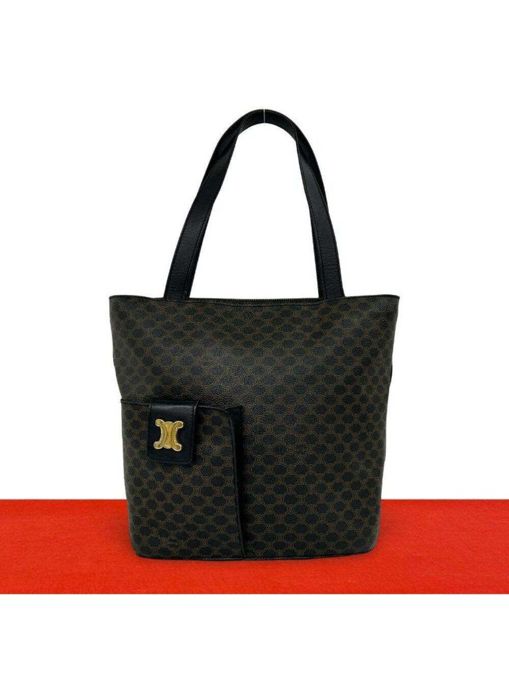 Celine Macadam Blason Triomphe Pattern Logo Leather Tote Shoulder Bag Brown